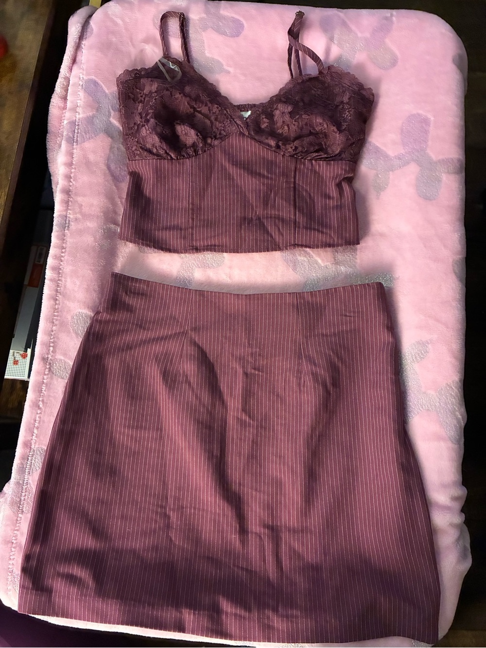 No Boundaries Mauve Pinstripe Lace Crop Top & Skirt Set